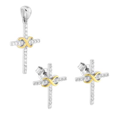 Parure Set Orecchini e Ciondolo Croce con Cubic Zirconia Bianchi e Infinito colore Oro in ARGENTO 925 Galvanica Rodio