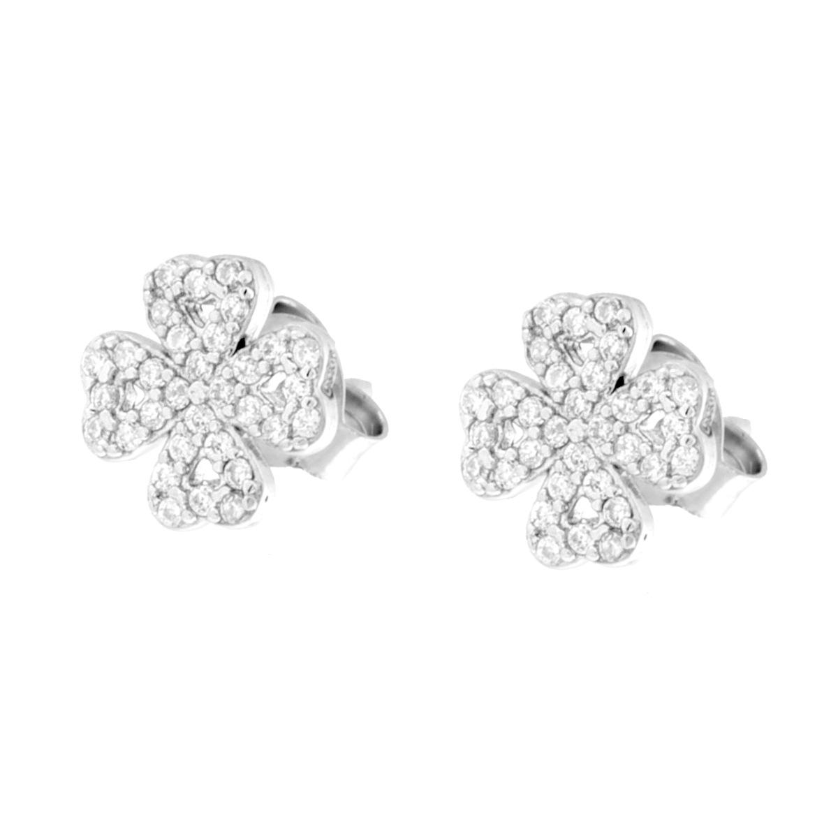 Parure Set Orecchini e Collana Catena Forzatina Diamantata con Quadrifoglio e Cubic Zirconia Bianchi in ARGENTO 925 Galvanica Rodio