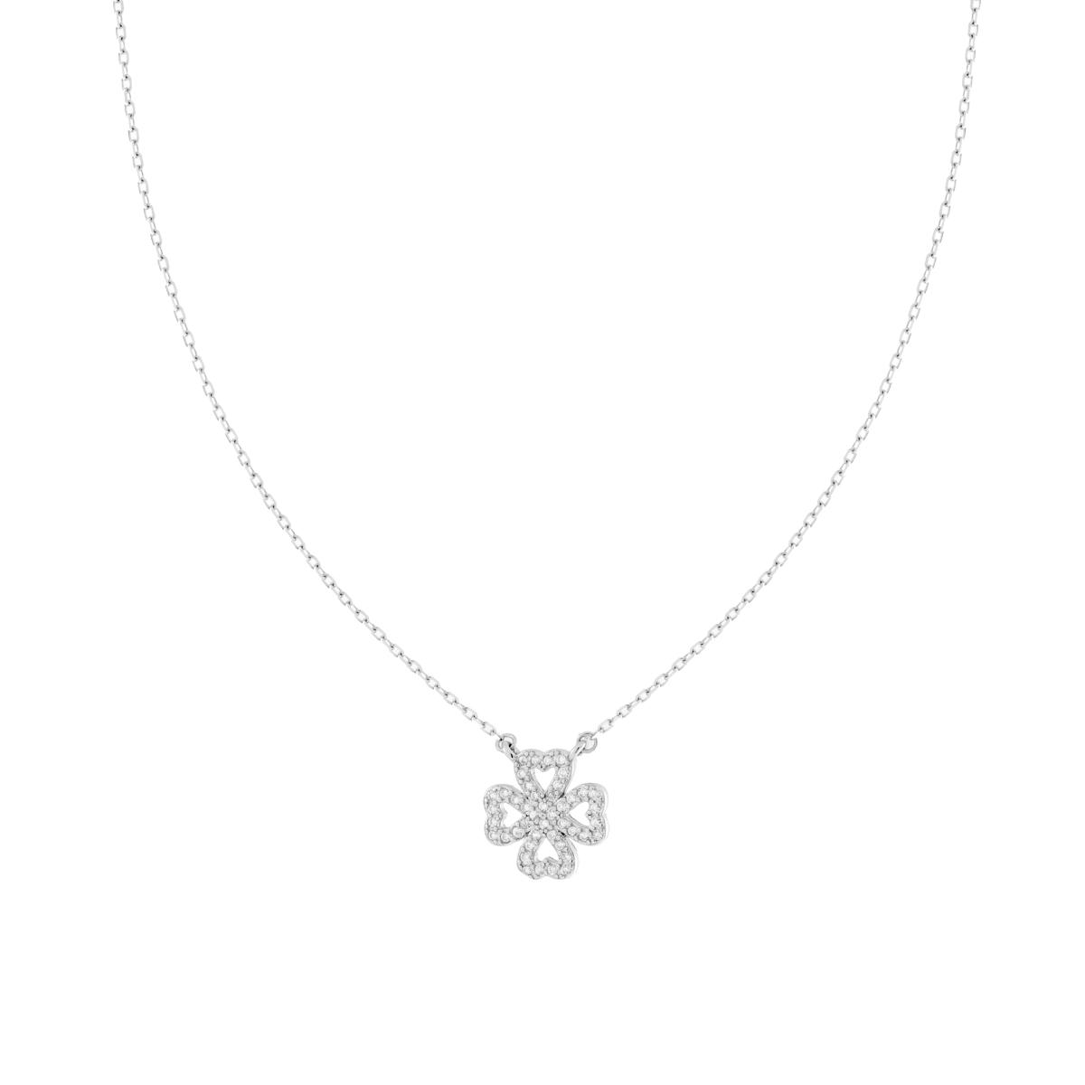Parure Set Orecchini e Collana Catena Forzatina Diamantata con Quadrifoglio e Cubic Zirconia Bianchi in ARGENTO 925 Galvanica Rodio
