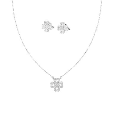 Parure Set Orecchini e Collana Catena Forzatina Diamantata con Quadrifoglio e Cubic Zirconia Bianchi in ARGENTO 925 Galvanica Rodio