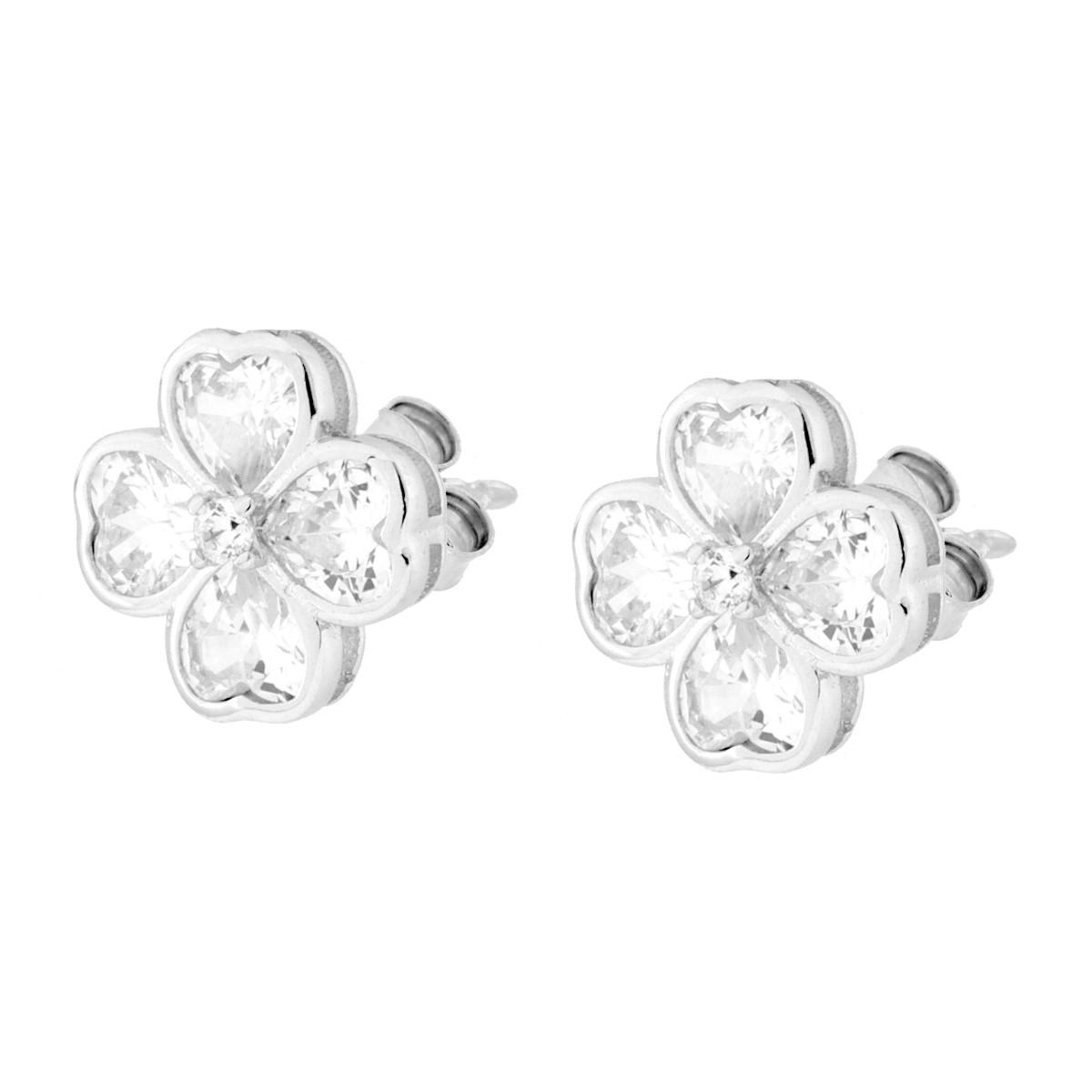 Parure Set Orecchini e Ciondolo Quadrifoglio con Cubic Zirconia Bianchi in ARGENTO 925 Galvanica Rodio