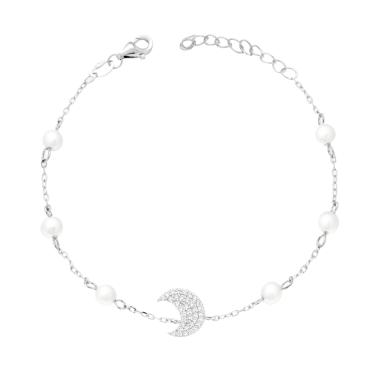 Bracciale Catena Forzatina Diamantata con Luna Cubic Zirconia Bianchi e Perle in ARGENTO 925 Galvanica Rodio