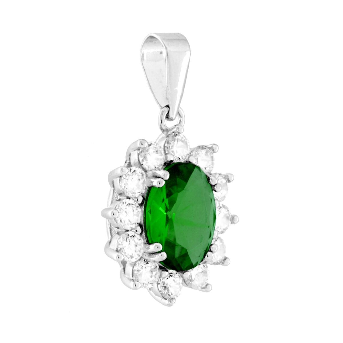 Parure Set Orecchini e Ciondolo Ovale Verde Smeraldo contornato da Cubic Zirconia Bianchi in ARGENTO 925 Galvanica Rodio