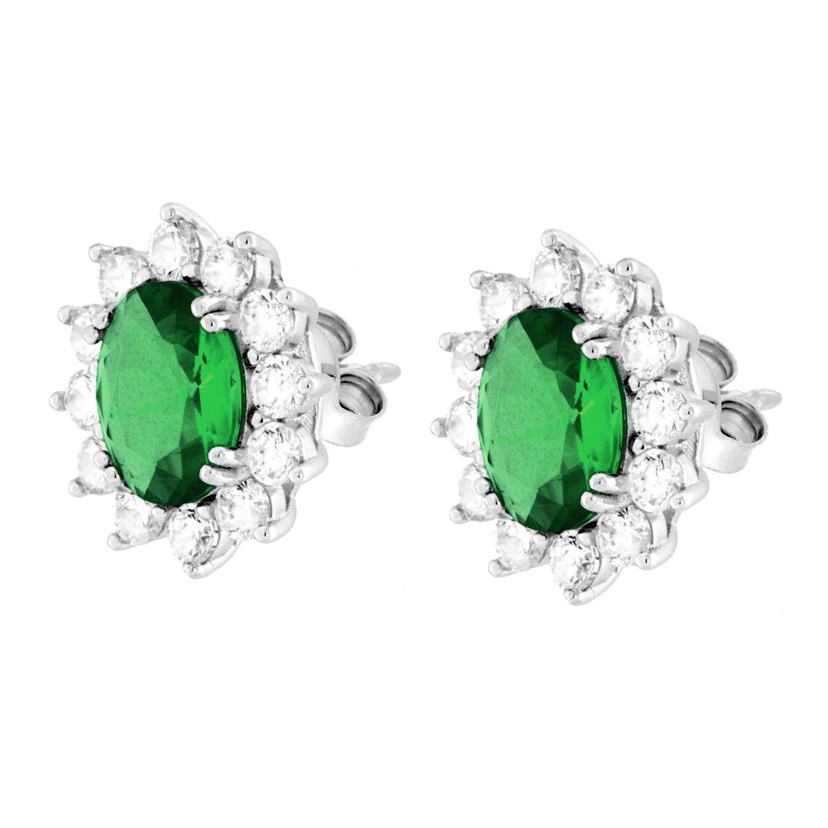 Parure Set Orecchini e Ciondolo Ovale Verde Smeraldo contornato da Cubic Zirconia Bianchi in ARGENTO 925 Galvanica Rodio