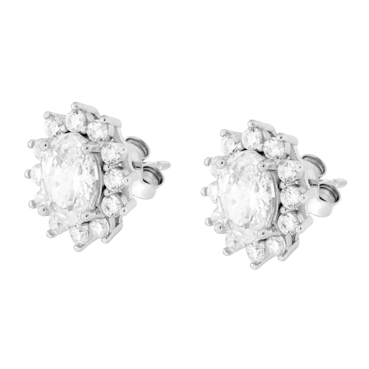 Parure Set Orecchini e Ciondolo Ovale Bianco contornato da Cubic Zirconia Bianchi in ARGENTO 925 Galvanica Rodio