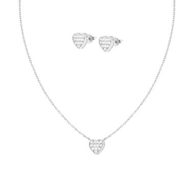 Parure Set Orecchini e Collana Catena Forzatina Diamantata con Cuore Cubic Zirconia Bianchi in ARGENTO 925 Galvanica Rodio