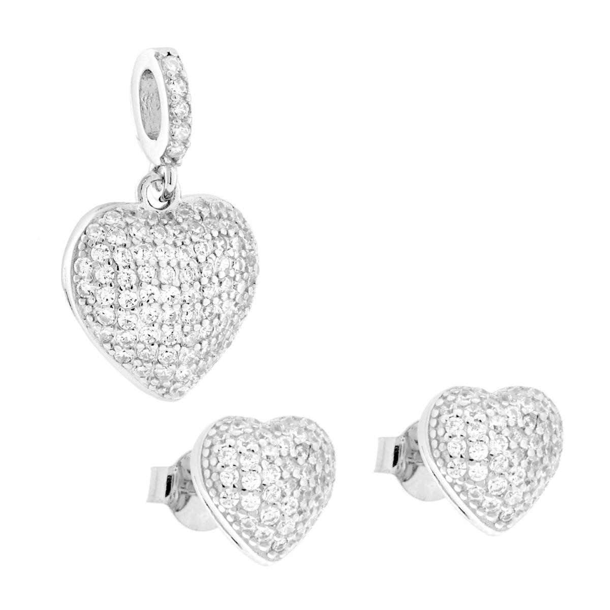 Parure Set Orecchini e Ciondolo Cuore Bombato con Cubic Zirconia Bianchi in ARGENTO 925 Galvanica Rodio