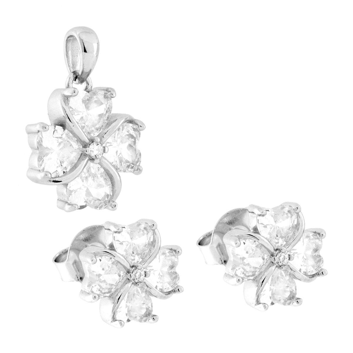 Parure Set Orecchini e Ciondolo Quadrifoglio con Cubic Zirconia Bianchi in ARGENTO 925 Galvanica Rodio