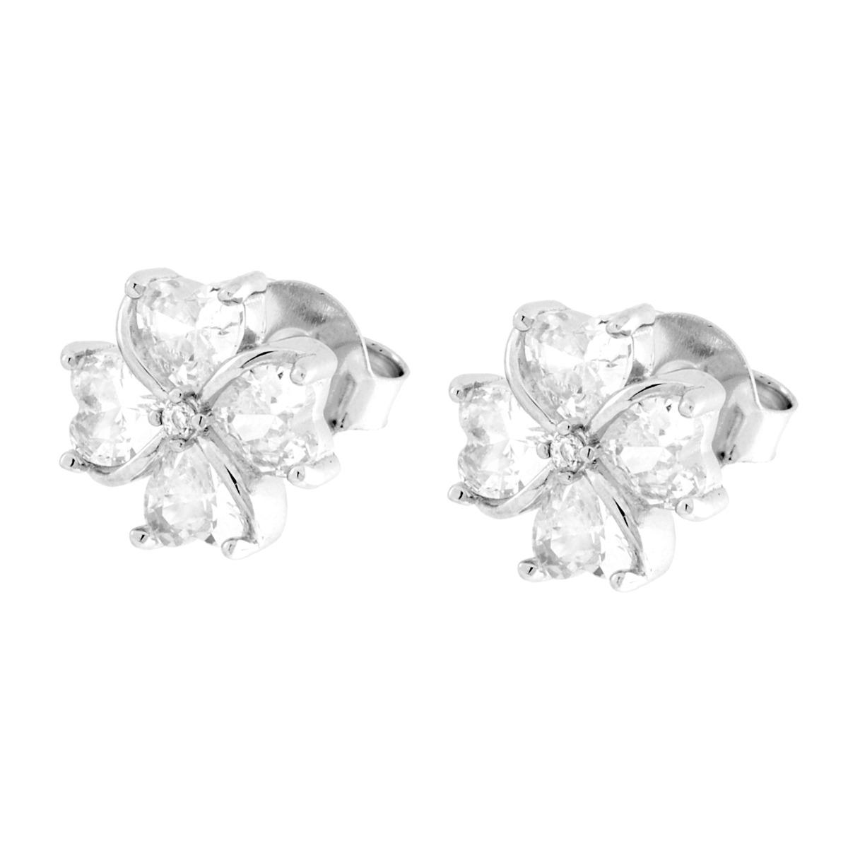 Parure Set Orecchini e Ciondolo Quadrifoglio con Cubic Zirconia Bianchi in ARGENTO 925 Galvanica Rodio