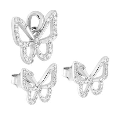 Parure Set Orecchini e Ciondolo Farfalla con Cubic Zirconia Bianchi in ARGENTO 925 Galvanica Rodio