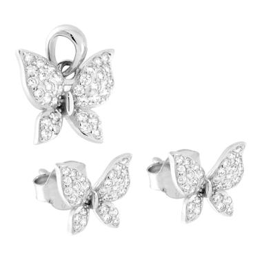 Parure Set Orecchini e Ciondolo Farfalla con Cubic Zirconia Bianchi in ARGENTO 925 Galvanica Rodio