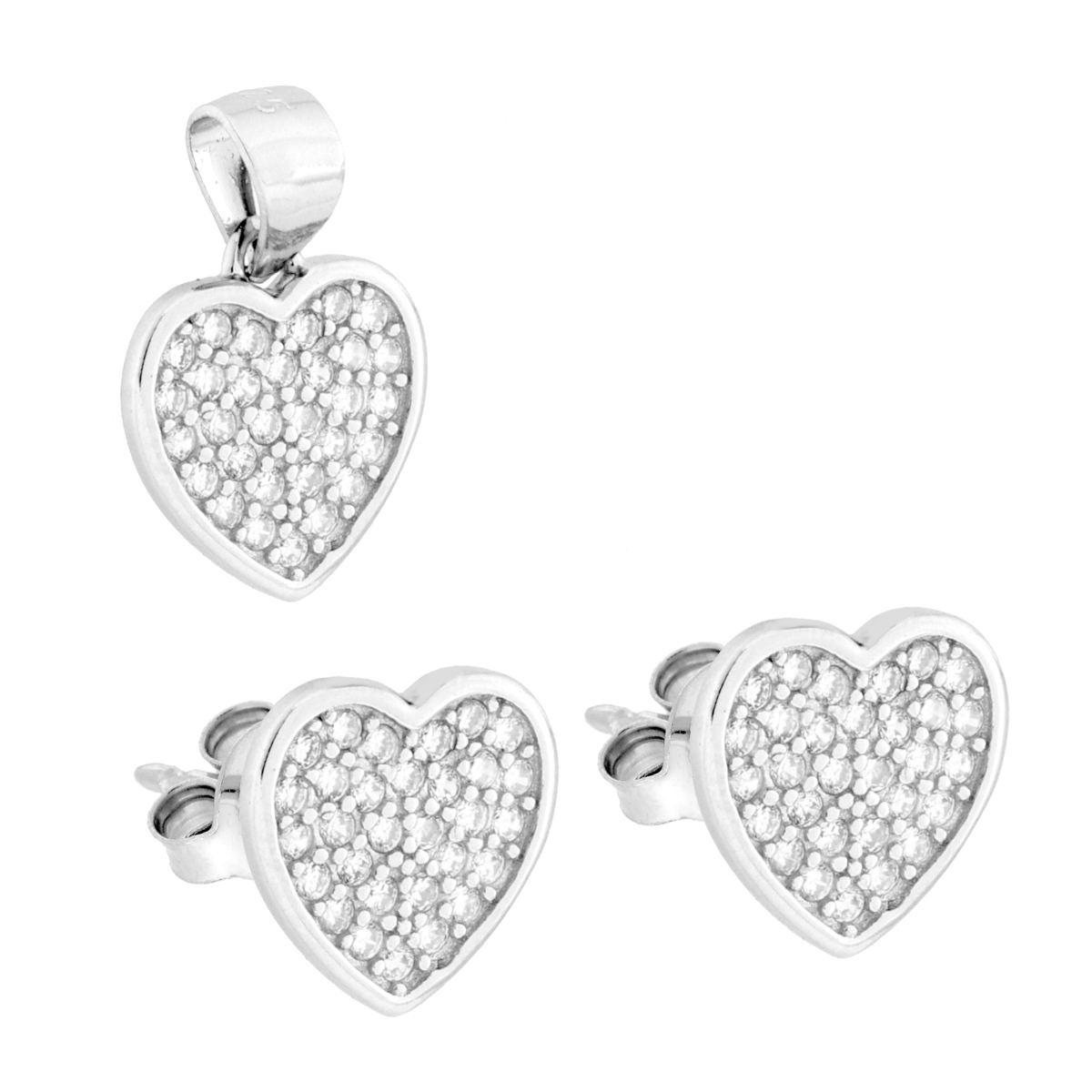 Parure Set Orecchini e Ciondolo Cuore con Cubic Zirconia Bianchi in ARGENTO 925 Galvanica Rodio