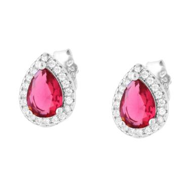 Orecchini Goccia Rosso Rubino contornato da Cubic Zirconia Bianchi in ARGENTO 925 Galvanica Rodio