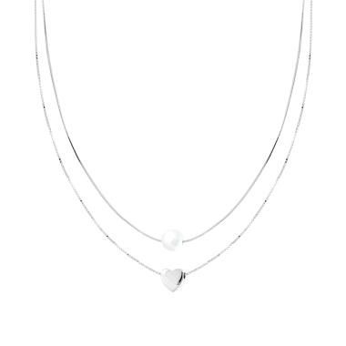 Collana due fili Catena Veneziana Diamantata e Coda di Topo con Cuore e Perla centrali in ARGENTO 925 Galvanica Rodio