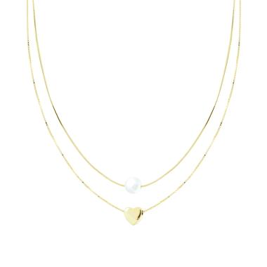 Collana due fili Catena Veneziana Diamantata e Coda di Topo con Cuore e Perla centrali in ARGENTO 925 Galvanica Oro