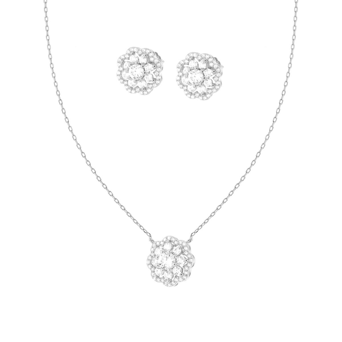 Parure Set Orecchini e Collana Catena Forzatina Diamantata con Fiore Bianco contornato da Cubic Zirconia Bianchi in ARGENTO 925 Galvanica Rodio