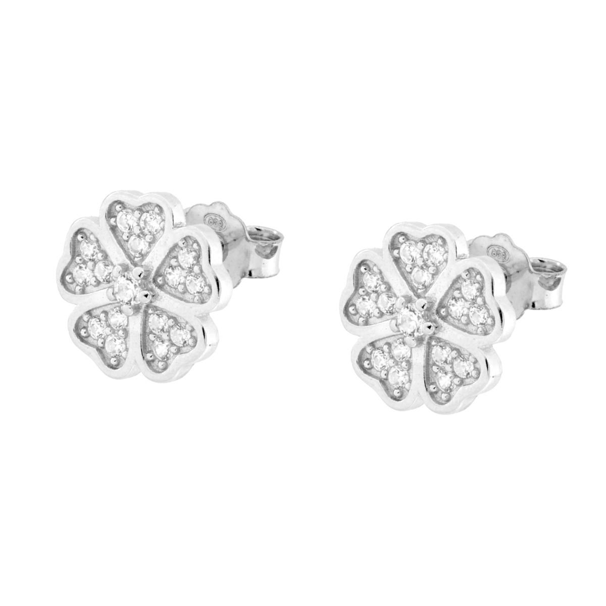 Parure Set Orecchini e Ciondolo Fiore con Cubic Zirconia Bianchi in ARGENTO 925 Galvanica Rodio