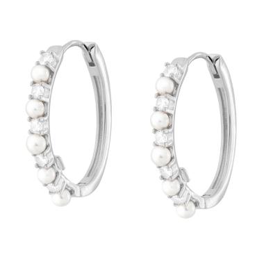 Orecchini Cerchio Ovale Scattino con Cubic Zirconia Bianchi e Perle in ARGENTO 925 Galvanica Rodio