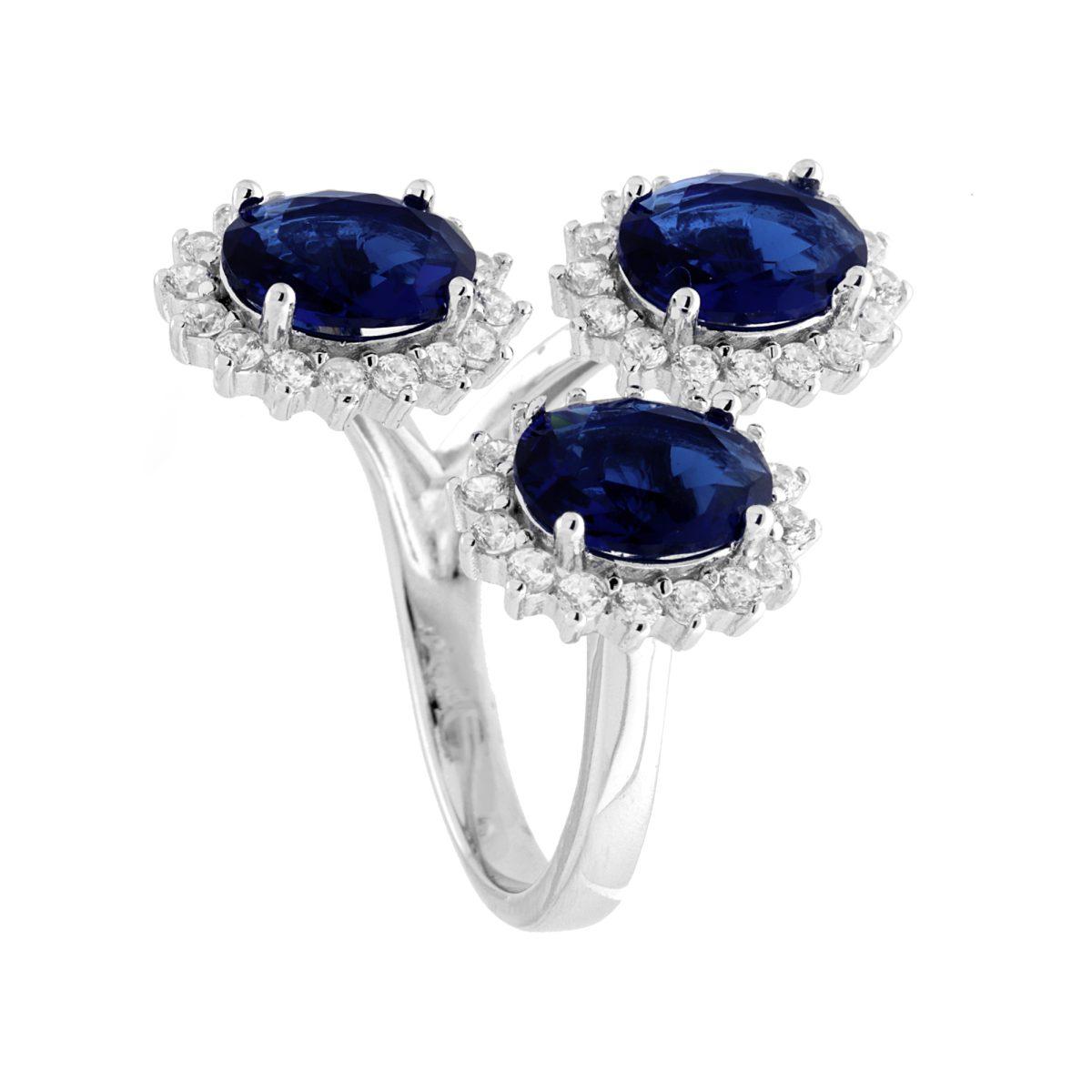 Anello Trilogy Ovali Blu Zaffiro contornati da Cubic Zirconia Bianchi in ARGENTO 925 Galvanica Rodio
