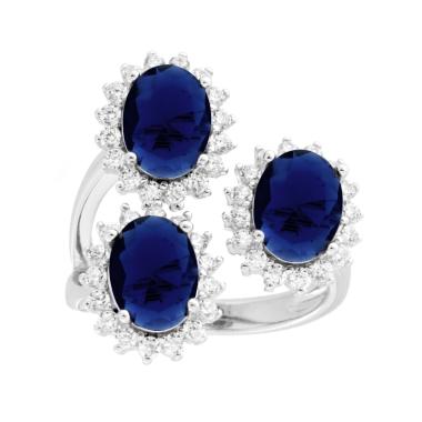 Anello Trilogy Ovali Blu Zaffiro contornati da Cubic Zirconia Bianchi in ARGENTO 925 Galvanica Rodio