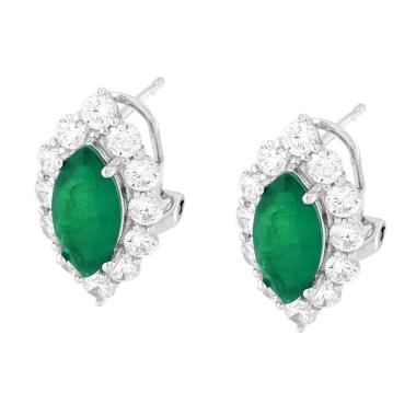 Orecchini Marquise Verde Smeraldo contornato da Cubic Zirconia Bianchi in ARGENTO 925 Galvanica Rodio