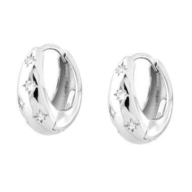 Orecchini Cerchio Scattino Bombato con Stelle Cubic Zirconia Bianchi in ARGENTO 925 Galvanica Rodio