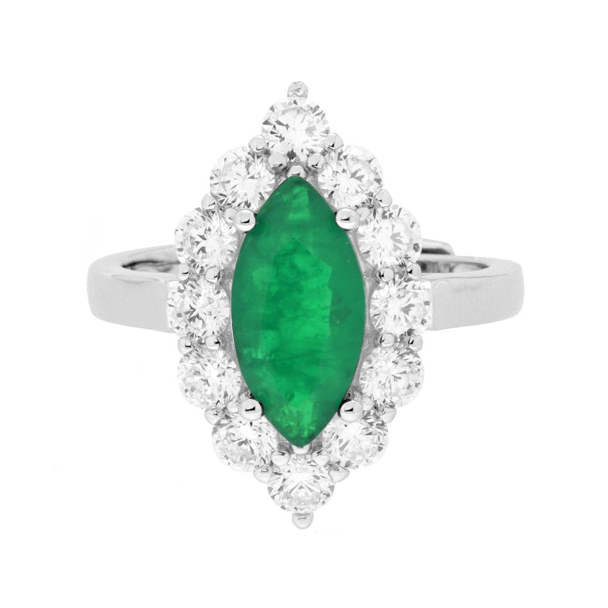 Anello Marquise Verde Smeraldo contornato da Cubic Zirconia Bianchi in ARGENTO 925 Galvanica Rodio