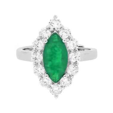 Anello Marquise Verde Smeraldo contornato da Cubic Zirconia Bianchi in ARGENTO 925 Galvanica Rodio
