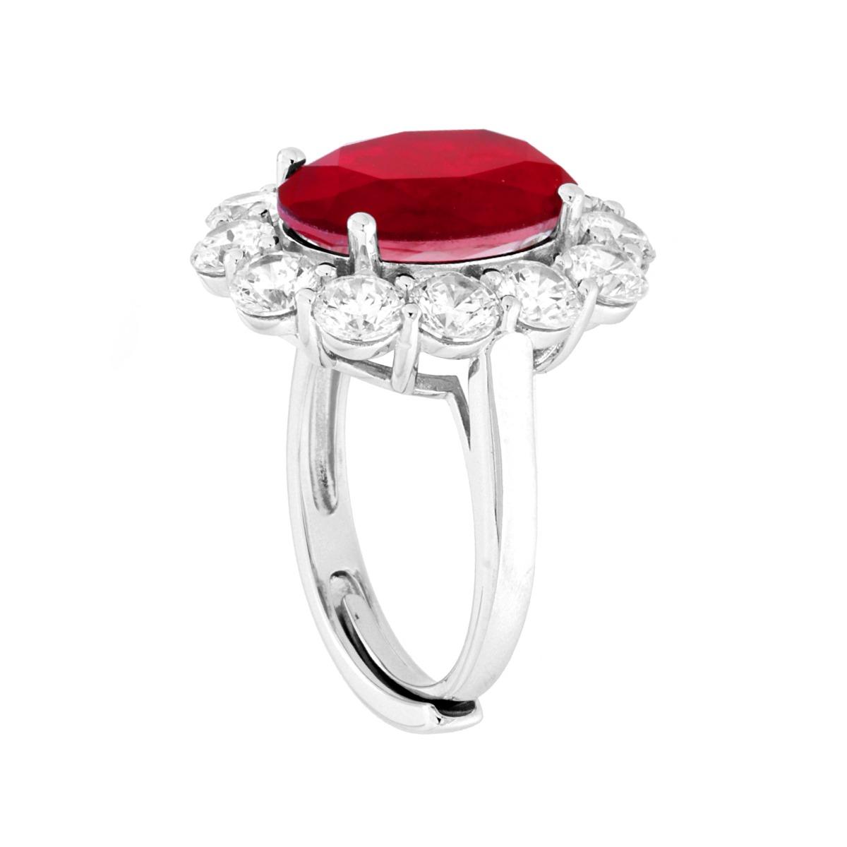 Anello Ovale Rosso Rubino contornato da Cubic Zirconia Bianchi in ARGENTO 925 Galvanica Rodio