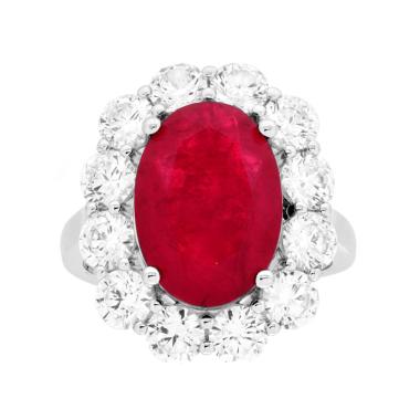 Anello Ovale Rosso Rubino contornato da Cubic Zirconia Bianchi in ARGENTO 925 Galvanica Rodio
