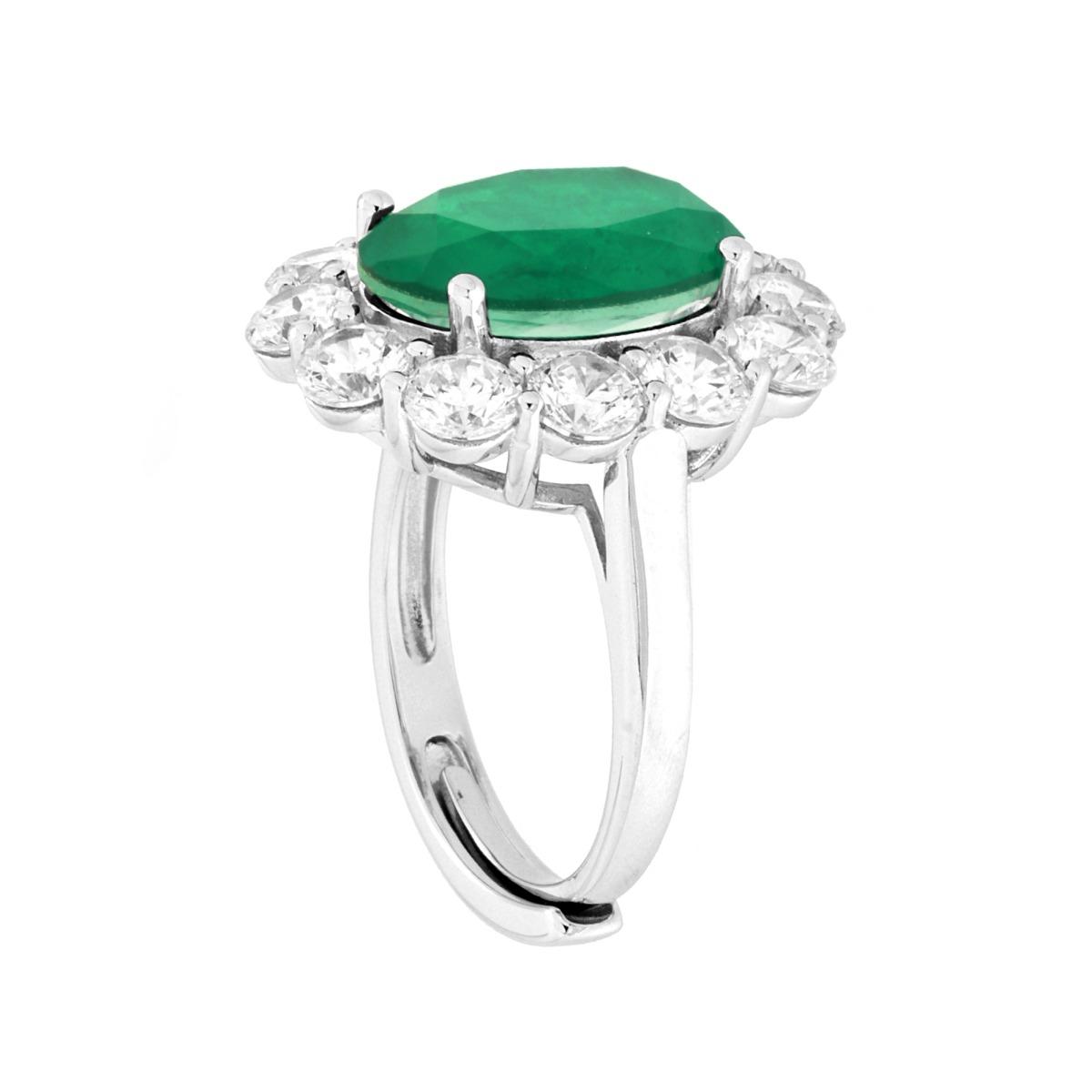 Anello Ovale Verde Smeraldo contornato da Cubic Zirconia Bianchi in ARGENTO 925 Galvanica Rodio