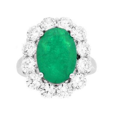 Anello Ovale Verde Smeraldo contornato da Cubic Zirconia Bianchi in ARGENTO 925 Galvanica Rodio