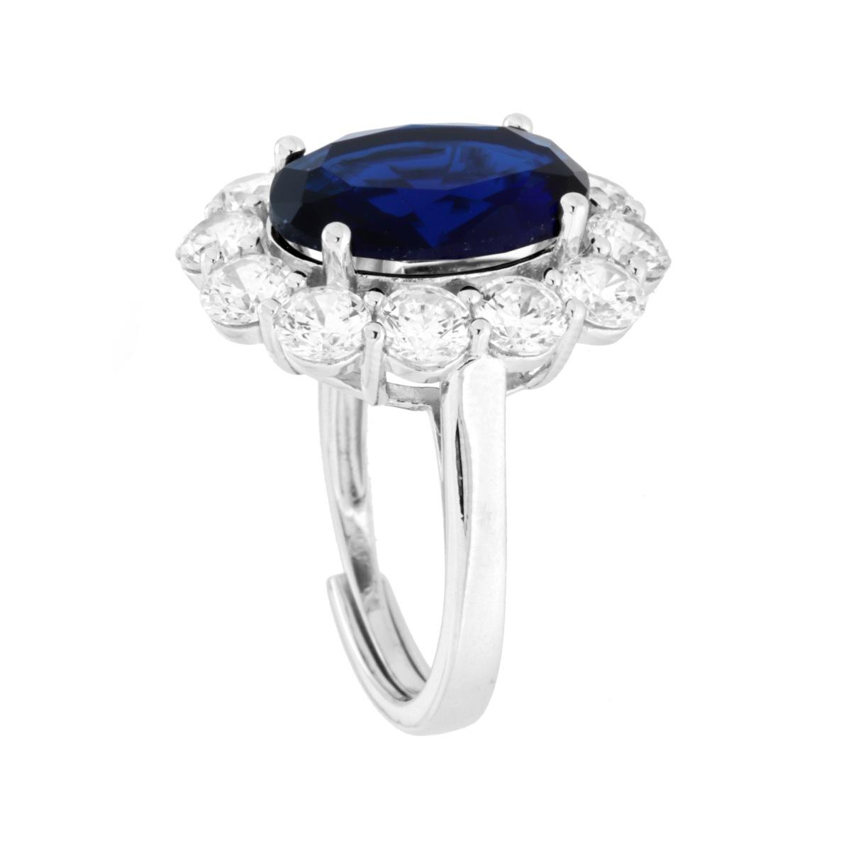Anello Ovale Blu Zaffiro contornato da Cubic Zirconia Bianchi in ARGENTO 925 Galvanica Rodio