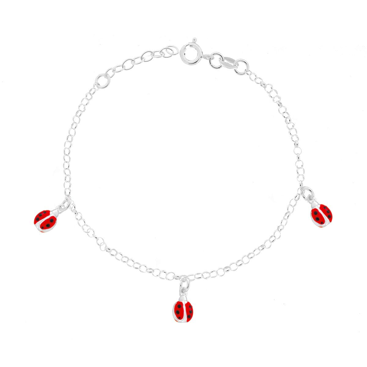 Bracciale Bimbo Bimba Catena Rolo Diamantata con Coccinelle Smalto Rosso pendenti in ARGENTO 925