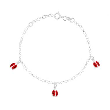 Bracciale Bimbo Bimba Catena Rolo Diamantata con Coccinelle Smalto Rosso pendenti in ARGENTO 925