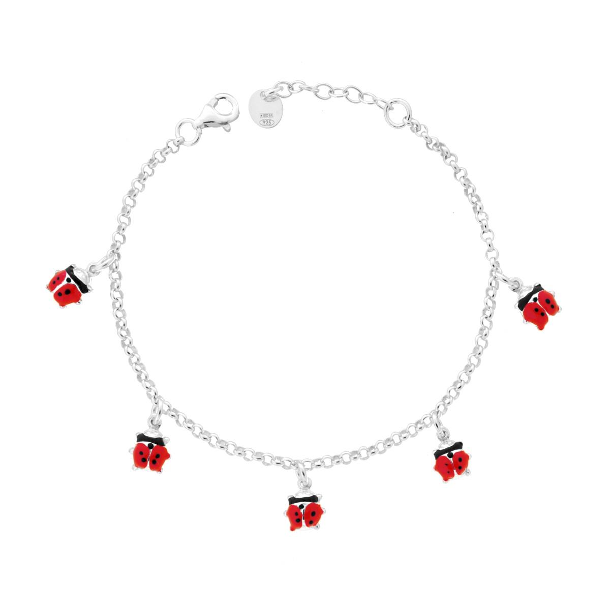 Bracciale Bimbo Bimba Catena Rolo Diamantata con Coccinelle Smalto Rosso pendenti in ARGENTO 925
