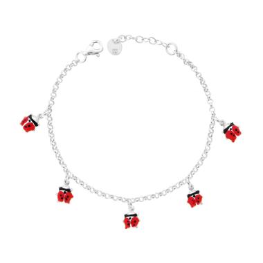 Bracciale Bimbo Bimba Catena Rolo Diamantata con Coccinelle Smalto Rosso pendenti in ARGENTO 925