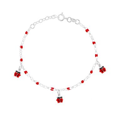 Bracciale Bimbo Bimba Catena Rolo con Palline e Coccinelle con Smalto Rosso in ARGENTO 925