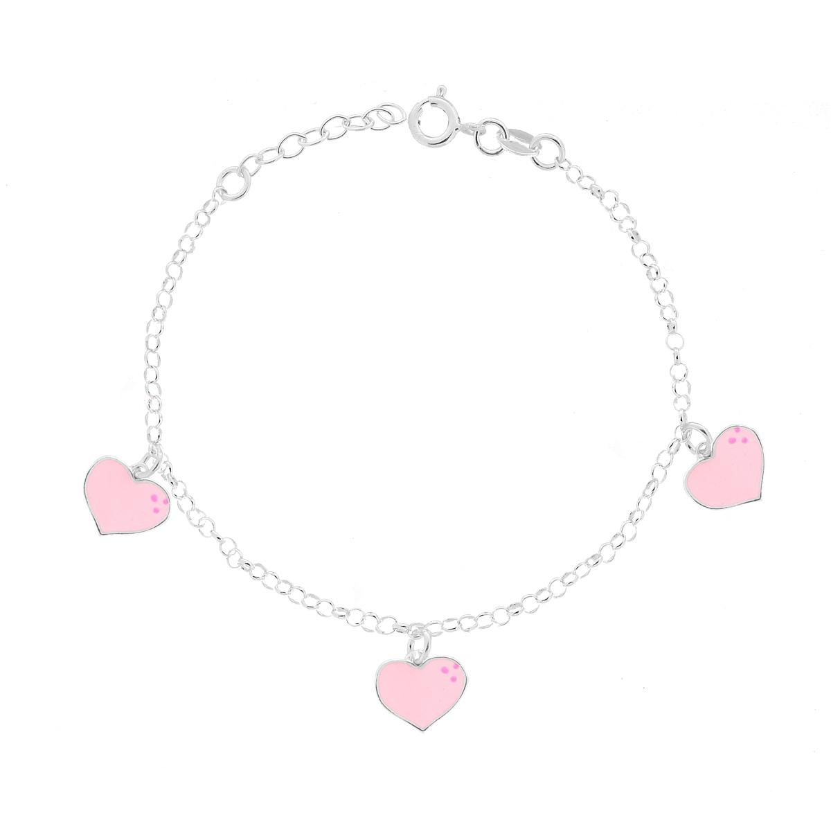 Bracciale Bimbo Bimba Catena Rolo con Cuori e Smalto Rosa in ARGENTO 925