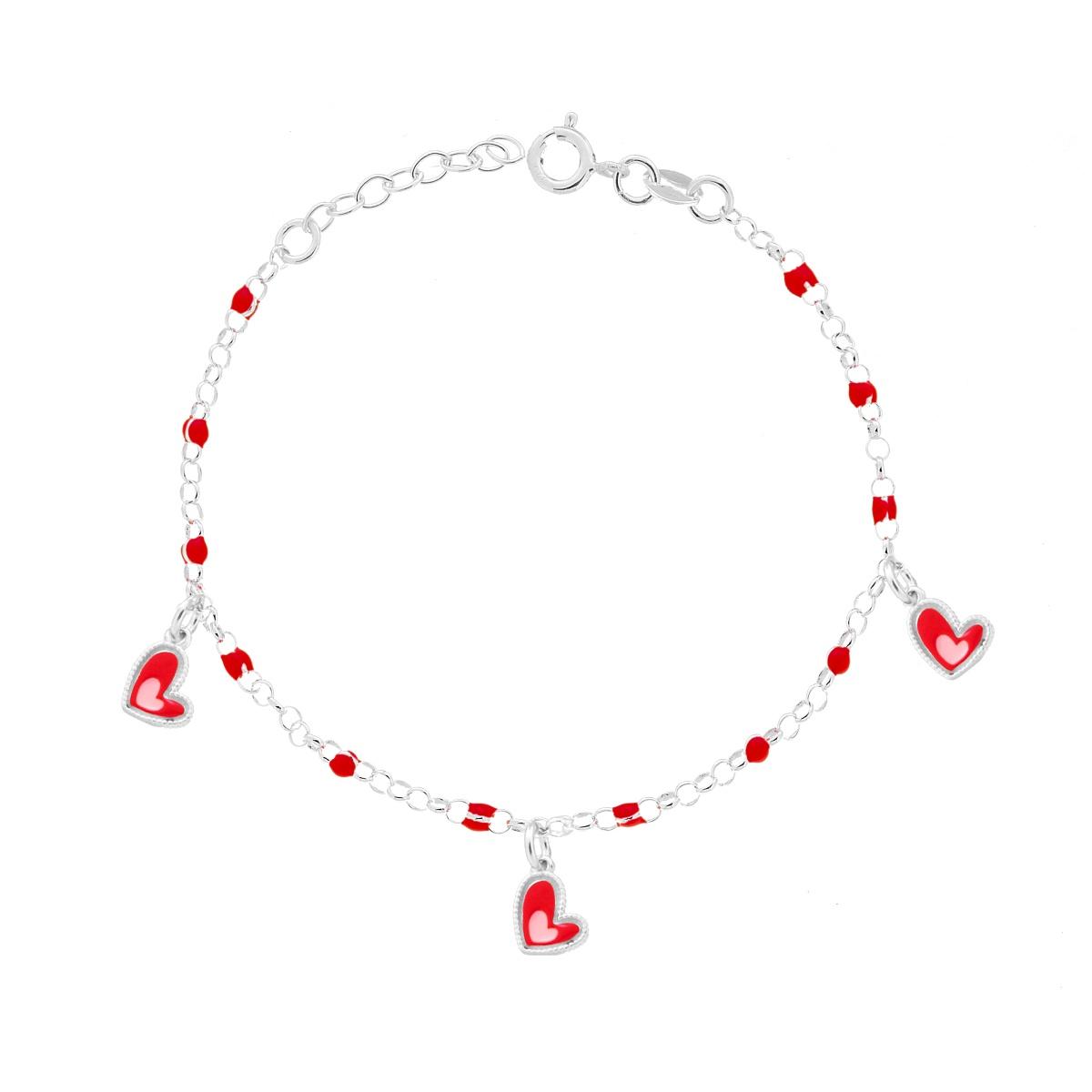 Bracciale Bimbo Bimba Catena Rolo con Palline e Cuori con Smalto Rosso e Rosa in ARGENTO 925