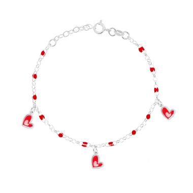 Bracciale Bimbo Bimba Catena Rolo con Palline e Cuori con Smalto Rosso e Rosa in ARGENTO 925