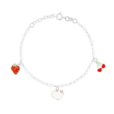 Bracciale Bimbo Bimba Catena Rolo con Fragola Cuore e Ciliegie con Smalto Bianco e Rosso in ARGENTO 925