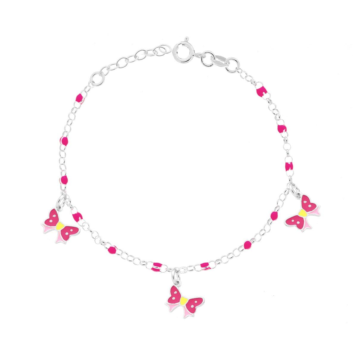 Bracciale Bimbo Bimba Catena Rolo con Palline e Fiocchi con Smalto Fucsia e Rosa in ARGENTO 925