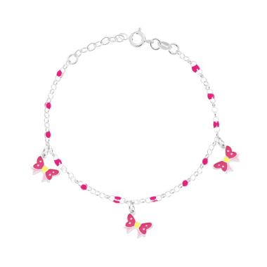 Bracciale Bimbo Bimba Catena Rolo con Palline e Fiocchi con Smalto Fucsia e Rosa in ARGENTO 925