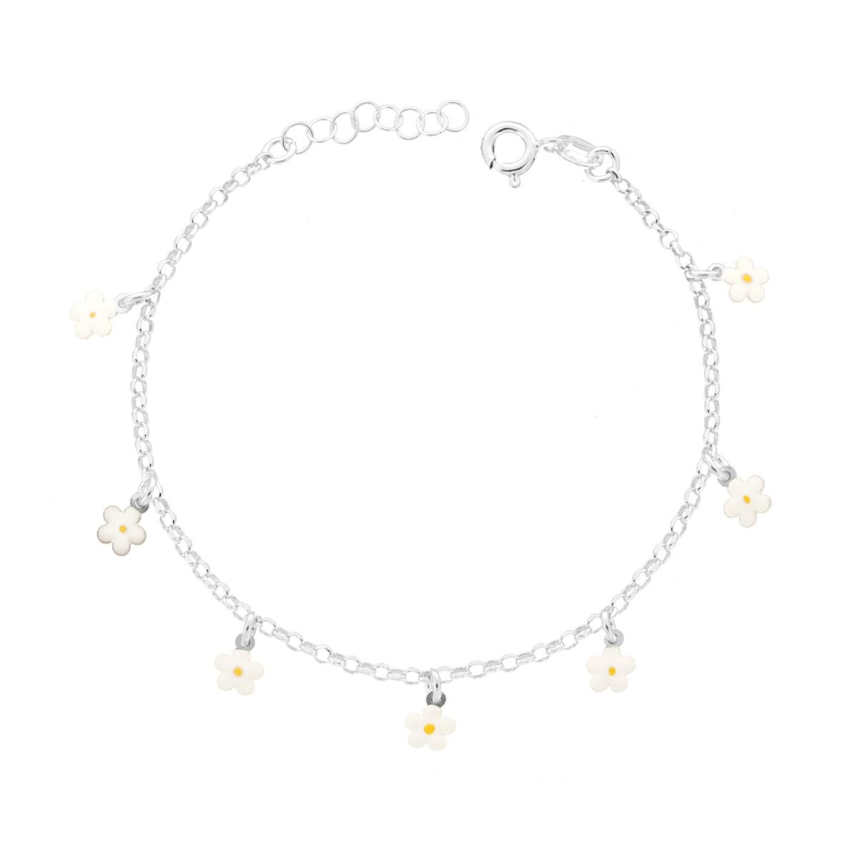 Bracciale Bimbo Bimba Catena Rolo Diamantata con Fiori pendenti con Smalto Bianco in ARGENTO 925