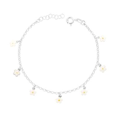Bracciale Bimbo Bimba Catena Rolo Diamantata con Fiori pendenti con Smalto Bianco in ARGENTO 925
