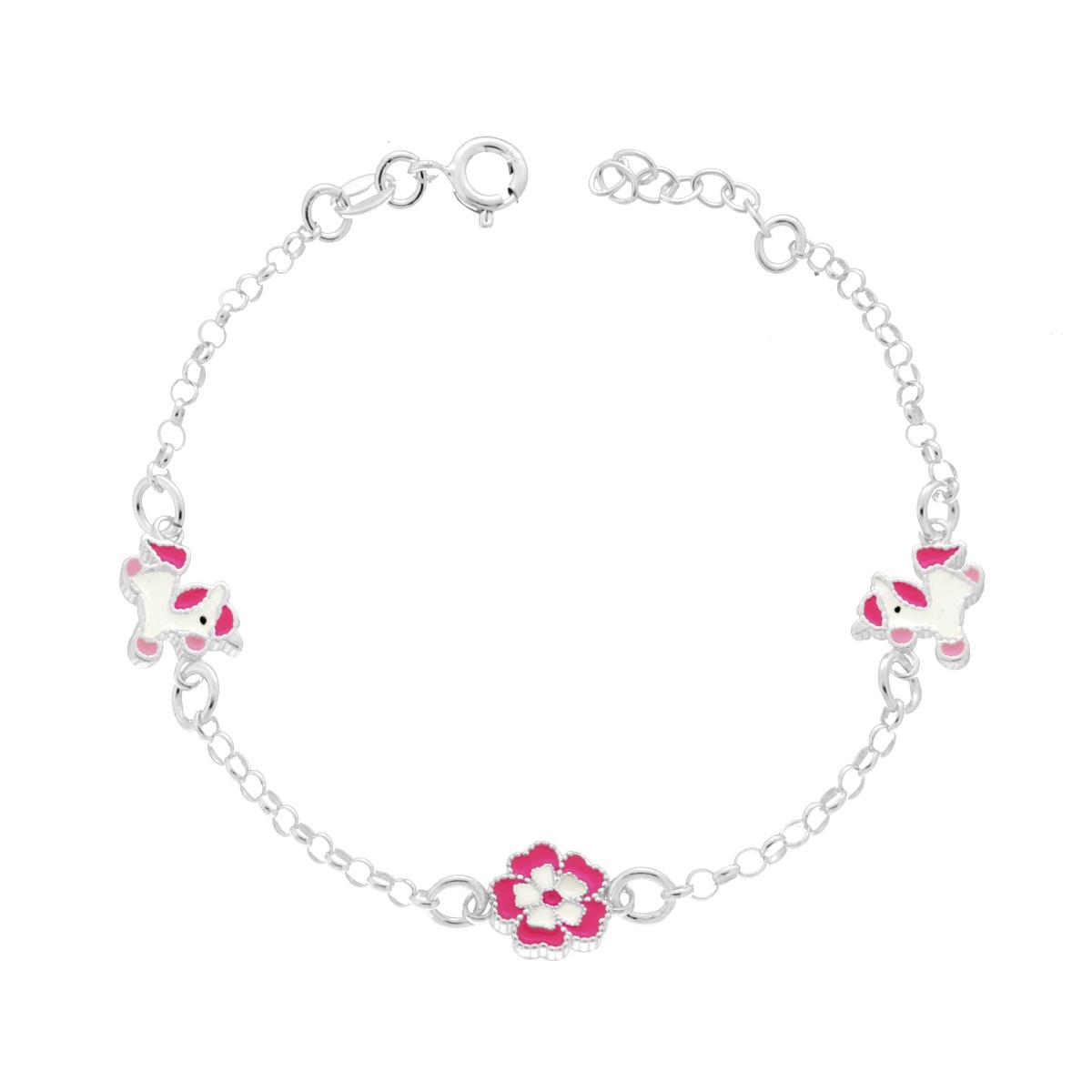 Bracciale Bimbo Bimba Catena Rolo con Unicorni e Fiore con Smalto Bianco e Rosa in ARGENTO 925