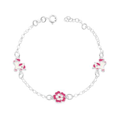 Bracciale Bimbo Bimba Catena Rolo con Unicorni e Fiore con Smalto Bianco e Rosa in ARGENTO 925