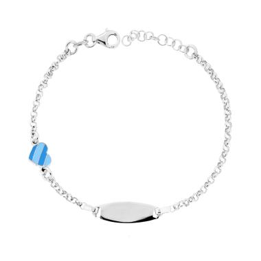 Bracciale Bimbo Bimba Catena Rolo con Targa Ovale e Cuore con Smalto Azzurro in ARGENTO 925 Galvanica Rodio