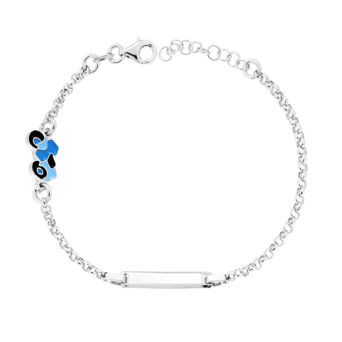 Bracciale Bimbo Bimba Catena Rolo con Targa Rettangolare e Motocicletta con Smalto Azzurro in ARGENTO 925 Galvanica Rodio<br />